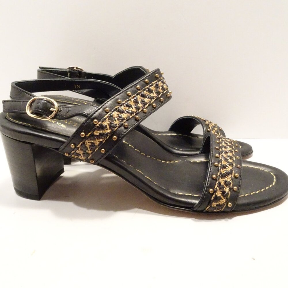 Eric Javits' Black Leather Slingback Open Toe Sandals Size 7N Gold Studded Heel